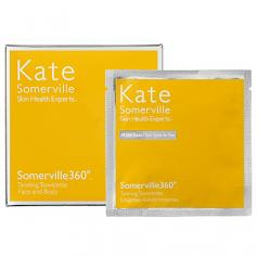 Gorgeous Glow It's easy to get a gorgeous glow with just a simple swipe. Kate Somerville Somerville 360 Tanning Towelettes offer an incredible sun-kissed look that doesn't require SPF. With a quick and easy application that prevents uneven tone or streaking, it's the best way to get a healthy-looking tan. Because this advanced formula works with your skin's own proteins, it gradually darkens to an ultra-natural, complementary color every time. Towelettes containing paraben-free self-tanning formula Produces a uniform, natural-looking glow on the skin Delivers a quick and even application with no streaking Especially Suited For: All skin types This special formula was created to dry within seconds to ensure that clothing, sheets and towels won't get stained. Essential Elements: Somerville360 Tanning Towelettes are formulated with a non-toxic, paraben-free DHA, a safe coloring agent that reacts with the skin's amino acids to darken in a way that complements natural skin tones. Tea tree extracts help keep skin clean and clear, while calming cucumber soothes and refreshes. Size: 0.50 oz. 8 towelettes per box. Free of: Parabens, sulfates, synthetic dyes, petrochemicals, phthalates, GMOs, triclosan For Best Effect: Use as needed, morning or evening, to maintain a terrific tan. Remove towelette from its package and unfold. Using circular motions, swipe on to clean, dry skin. Wash palms immediately.