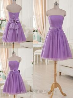 Cute Lilac Tulle Sashes/Ribbons Short/Mini Strapless Bridesmaid Dresses