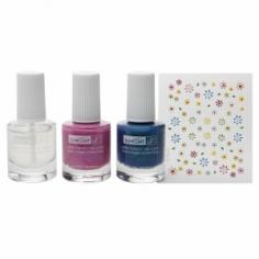 Suncoat Girl Natural Nail Beauty Kit with Nail Decals Mermaid Princess - 4 Pieces Create fun and unique nail art designs with Suncoat Girl Natural Nail Beauty Kit with Nail Decals Mermaid Princess. Suncoat Girl water-based nail polishes are uniquely formulated by their chemists without using any of the following chemicals: Phthalate plasticizers, Toluene, Formaldehyde, Acetates, Alcohol, Glycol ethers, FD & C dyes. Only water, acrylic polymers and polyurethane (plastic), mineral-based pigments, plastic glitter, and carmine are in these nail polishes. Virtually odor free, Suncoat Girl Natural Nail Beauty Kit with Nail Decals Mermaid Princess releases water vapor when applied, not toxic chemical fumes. Suncoat Girl water-based nail polishes are truly the most natural nail polishes in the market place. Suncoat Girl Natural Nail Beauty Kit with Nail Decals Mermaid Princess includes: One page of nail decals One Mermaid Blue water-based peelable nail color - 0.30 oz. (9ml)This is a two-tone sea blue color with bright green undertones. (Vegan) One Princess Purple water-based peelable nail color - 0.30 oz. (9ml)This is a blue based purple color with pink undertones. One Clear Gloss Top Coat - 0.30 oz. (9ml) Product SafetySafe and non-toxic. Suncoat Girl nail polishes comply with Health Canada and US FDA cosmetics regulations. Extra steps have also been taken to ensure product safety for children: Suncoat Girl natural nail polish colors have been evaluated by board-certified toxicologist (Diplomate, American Board of Toxicology), at a US FDA recommended consumer product safety lab. The result: all 8 Suncoat Girl nail polishes conform to the health requirements of the American Society for Testing and Materials (ASTM) standard D4236 and meet the criteria defined in the U.S. Consumer Product Safety Commission's (CPSC) Regulations 16 CFR 1500.14 (described in the Federal Register Announcement 57:197 pp. 46626-46674, dated Friday, October 9,1992).