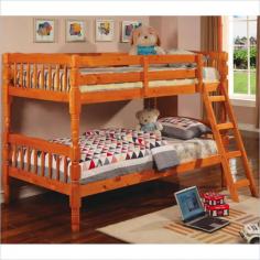 Rich wood construction and soft pine finish combine to create a traditional bunk bed style unit. Easily separates for two separate sleeping spaces, but stacks to perfection to maximize small bedroom spaces. Handy ladder offers top bunk access, while richly detailed posts offer the latest in traditional bedroom style. These beautiful bunk beds are just what your children need! The pine finish will bring a warm touch to the bedroom that any parent will love. * Mattresses not included. Twin over twin bunk bed. Made from durable wood. Medium pine finish. Converts into two beds. Built-in ladder. Requires two 9 in. thick twin mattresses. Casual style. Smooth clean edges and turned detail on legs. Built-in guard rails. 80.25 in. L x 42.75 in. W x 61.38 in. H. Warranty. Bunk Bed Warning. Please read before purchase. NOTE: ivg Stores DOES NOT offer assembly on loft beds or bunk beds With charming casual style, this twin bunk bed is a perfect space saving solution for your child's bedroom.