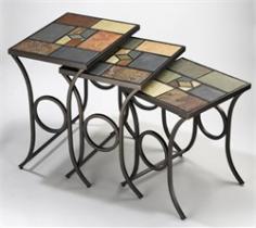 Colorful slate mosaic design Sturdy metal frame in black-gold finish Small table dimensions: 16W x 16D x 20H inches Medium table dimensions: 18.5W x 16D x 22H inches Large table dimensions: 24.5H x 20.75W x 16D inches Easy to assemble and includes all required tools Matches the Pompei Collection. The Pompei Nesting Tables feature lovely colorful solid slate tops supported on graceful scrolled metal frames in black-gold finish. The space-efficient nesting design of this set makes it perfect for even smaller homes. About Hillsdale FurnitureLocated in Louisville Ky. Hillsdale Furniture is a leader in top-quality affordable bedroom furniture. Since 1994 Hillsdale has combined the talents of nationally recognized designers and globally accredited factories to bring you furniture styling and design from around the globe. Hillsdale combines the best in finishes materials and designs to bring both beauty and value with every piece. The combination of top-quality metal wood stone and leather has given Hillsdale the reputation for leading-edge styling and concepts.