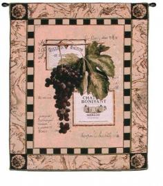 The Grapes & Labels IV tapestry wall hanging has texture not found in any other art form. The combination of the colors and weaves create a unique art experience that changes with each angle. See for yourself why tapestries have proven their worth for over a thousand years. Grapes and wine have inspired tapestries for over 1,000 years. Our Vineyard collection will take you away and set the mood. The calming nature of the tapestry will intoxicate you as you are lost in the art. Come in and have a drink. True tapestries are woven works of art. All of our Fine Art Tapestries are woven on jacquard looms and utilize between nine and seventeen miles of thread in each design. The color palates of the warp and weft threads work in concert to achieve a broad range of colors on the face of the tapestry. Tapestries have texture not found in any other art form. The combination of the thread colors and weaves create a unique art experience that changes with each viewing angle. See for yourself why tapestries have proven their worth for over a thousand years. About Fine Art Tapestries: Nestled in the Blue Ridge Mountains just south of Asheville, North Carolina, Fine Art Tapestries finds its home in a town of less than 1,000 residents. The tranquility of the area is unsurpassed. As craftsmen and artisans, they have established a worldwide reputation for our work and ship our tapestries to all points on the globe. Fine Art Tapestries are quality weavers with an attention to detail that can only be found in classic American-made products. Please Note: Tassels, Rods and Finials shown are not included. All of our tapestries are special order items. Most orders will ship within 3 - 5 business days of purchase. For More Information on Tapestry Wall Hangings, Please Visit the Following Decor Articles: Tips on Hanging a Wall TapestryDecorating with Tapestry Wall HangingsA Forever Classic - Fine Art Tapestry Wall HangingsYou Can HEAR the Difference Tapestries Make
