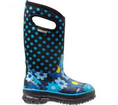 She'll have a blast out in the wild, no matter the weather, wearing the Bogs Flower Dot all-conditions boot. Decorated with a playful mix of graphic floral and polka dot prints, and equipped with easy-grip, pull-on handles, this warm and waterproof girls' rain boot features a combination rubber and four-way Neo-Tech stretch upper to guard growing feet against the cold, even in sub-zero temperatures. The Max-Wick moisture-wicking lining helps maintain a dry interior; AEgis antimicrobial treatment controls odor. The Bogs Flower Dot waterproof boot has a grippy rubber outsole with a self-cleaning tread design so she won't track the outside in.