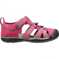 Outfit her adventures with the KEEN Seacamp II CNX, the perfect hybrid water sandal. Part of the low-profile, sleek-fitting KEEN. Connect collection, this girls' outdoor shoe boasts an easy-care, quick-dry upper of performance washable polyester webbing with protective overlays for support. The bungee lacing adjusts easily for a snug fit. Reverse Strobel construction creates a smooth, abrasion-free interior. A mesh lining encourages breathability; the contoured arch delivers hours of comfort and support. Fronted by KEEN's signature KEEN. PROTECT toe bumper, the traction rubber outsole includes multi-directional lugs to bite into the terrain, keeping every journey on track.