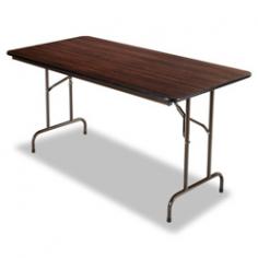 Wood Folding Table Rectangular 60w x 30d x 29h Walnut Scratch-resistant melamine top is 5/8" thick with a one-piece 1 3/4" brown steel apron and black vinyl edging. Gravity leg-locking mechanism for quick set-up. Folds to 2 1/2" thick and locks for easy transport and storage. 1" diameter brown steel legs with protective black plastic foot caps. Holds up to 1 200 lbs. evenly distributed. Top Color: Walnut; Top Shape: Rectangular; Top Thickness: 5/8"; Overall Width: 60".