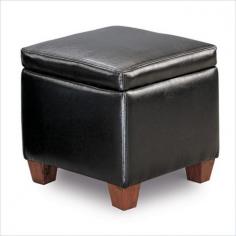 This lovely casual cube ottoman will be a nice addition to your home. Use in your living room family room or other areas for a comfortable touch. The cube shaped ottoman is covered in rich faux leather featuring clean lines in warm dark brown or sleek black to complement your decor. The plush top lifts off to reveal enclosed storage perfect for keeping clutter out of sight. Sleek square tapered feet complete the simple look. Use on its own or beneath a coffee table for a unique style with great function. Width (side to side): 18"W. Height (bottom to top): 18" H. Depth/Length (front to back): 18" D. Fabric Content: Vinyl. Upholstery Classification: Other. Fabric Pattern: Solid. Style: Casual. Seat: Plush Lift Top Cushion. Leg or Skirt: Square Tapered Wood Feet. Wood & Finish: Dark Wood Finish.