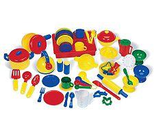 70 piece Kitchen play set Made of durable plastic Comes with large carrying box for easy storage Recommended for ages 3 years and upDishpan measures 9 .625L x 7.5W x 2H inches. About Learning ResourcesA leading manufacturer of innovative hands-on educational materials and learning toys Learning Resources has been teaching children through play in the classroom and the home for over 25 years. They are a trusted source for educators and parents who want quality and award-winning educational products. Their diverse product line of over 1300 products serves children and their families kindergarten primary and middle school markets focused on the areas of mathematics science early childhood reading Spanish language learning and teacher resources. Since their founding in 1984 Learning Resources continues to be guided by its mission to develop quality educational products that make learning exciting for children of all ages and abilities. They strive to create hands-on products that build a concrete foundation of skills through exploration imagination and fun. Your little chefs will be in play-kitchen nirvana when you present them with this 70-piece kitchen playset. Made of durable plastic, these cuisine pieces can stand up to some throwing around when things get a little hot in the kitchen. With a huge range of pans, cups, bowls, utensils, and cookie cutters to choose from, your kids will be able to put together any little dish they wish. A large carrying box is included with the set to make storage as easy as pie.