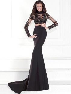 Trumpet/Mermaid Black High Neck Tulle Silk-like Satin Appliques Lace Long Sleeve Two Pieces Prom Dresses #PED020101842