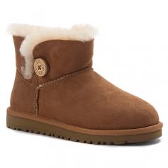 Good things come in small packages with the UGG Australia Kids' Mini Bailey Button boot. Just like the grown-up version, this cute girls' ankle boot has a supersoft 17mm twinface sheepskin upper for cozy, temperature-regulated comfort. An elastic loop-and-button closure creates easy on/off, while the sheepskin-covered, cushioned footbed naturally wicks away moisture so she can wear this ankle bootie virtually year-round. Finished with a molded EVA sole for lightweight flexibility and dependable traction, the UGG Australia Mini Bailey Button boot keeps her warm and comfy at school or just hanging out at home. Fit tip: This boot runs large. We recommend that you order a whole size down from her normal size (if she normally wears a size 3, order a 2). Available in whole sizes only.