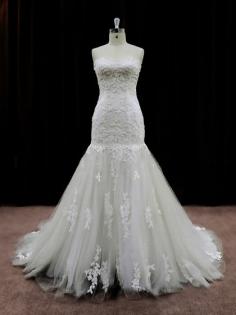 Best Ivory Tulle Appliques Lace Chapel Train Trumpet/Mermaid Wedding Dresses #PWD00021959