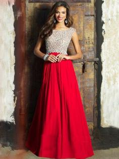 Red Scoop Neck Chiffon Beading Cap Straps A-line Ball Dress