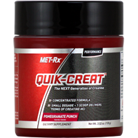 MET-Rx - Quik-CreatCreatine PowderPomegranate Punch - 3.52 oz. (100 g) MET-Rx Quik-CreatCreatine Powderis a next generation formula featuring creatine hydrochloride. MET-Rx Quik-Creat CreatinePowdersupplies 750 milligrams of Creatine HCl per serving. MET-Rx Quik-Creat Creatine Powder Creatine is aprofessional strength formula that can be used by athletes, bodybuilders, and anyone training hard in the gym. The Next Generation of Creatine Concentrated Formula Small Dosage - 1 Scoop Delivers 750mg of Creatine HCl Designed For Every Body MET-Rx is designed for every body. With a complete line of high quality protein products, MET-Rx can assist you in creating an effective nutritional program that fits your lifestyle so you can shape your body for optimum health. Diet and exercise have a tremendous impact on how you feel and perform each day, as well as your overall health. It's easier to promote ongoing wellness instead of trying to regain health once it's lost. With today's hectic lifestyles, even those of us with the best intentions often find ourselves sacrificing good nutrition and regular exercise. MET-Rx Shaping Every Body program is your answer to getting in the best shape of your life. Shaping Your Body Individuals who achieve quality results in the gym understand the nutritional science behind attaining a lean and healthy physique, including adequate protein intake after a workout. So whether you're a weekend warrior, a fitness enthusiast or a champion athlete, MET-Rx products taken before, during or after a workout offer key ingredients essential to helping you achieve a fit and healthy body. Shaping Your Nutrition MET-Rx revolutionized the sports nutrition industry nearly two decades ago when it introduced its exclusive protein blend called METAMYOSYN. Originally developed by a physician based on metabolic research, METAMYOSYN protein is a highly bio-available fuel that supports muscle and strength.