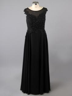 Black Chiffon Tulle with Appliques Lace Cap Straps Casual Scoop Neck Prom Dress