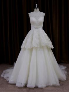 Cheap Scoop Neck Ivory Lace Tulle Beading Princess Wedding Dress