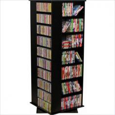 Rotates 360. Huge storage capacity. Organizes all media. Constructed from durable, stain resistant and laminated wood composites that includes MDF. Made in the USA. Assembly required. Media storage capacity:CD's: 1600. DVD's: 756. Blu-ray's: 1056. VHS tapes: 448. Disney tapes: 336. Audio cassettes: 1600+Weight: 125 lbs.Shelf depth: 6 in.Assembled size: 24 in. W x 24 in. D x 63 in. H Organize an entire media collection. These 4 sided beauties will brighten up any room. Because they rotate a full 360, you will never have to strain your neck locating your favorite CD, DVD, video or cassette. There are 5 models from which to choose so identifying the perfect match should be easy. Nearly all the shelves are adjustable so even odd sized media like Disney Tapes can be accommodated. Constructed from durable melamine laminated particle board these towers are stain resistant and easy to clean. The front panels and top/bottom panels on Models: 2021, 2022, 2381, 2391 and 2392 are gently molded and stylishly contoured to add real value. NEW! We just added a 2 sided Revolving Media Tower available in 2 sizes and 4 colors.