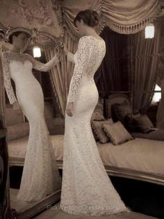 Elegant Ivory Lace Scoop Neck Trumpet/Mermaid Long Sleeve Wedding Dresses #PWD02016861