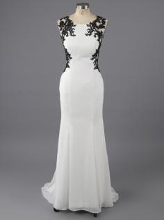 Vintage Scoop Neck Chiffon Appliques Lace Ivory Sheath/Column Prom Dresses