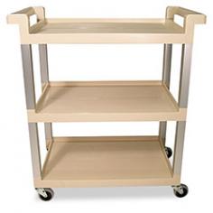 Three-Shelf Service Cart w/Brushed Aluminum Upright 16-1/4 x 31-1/2 x 36 Beige Lightweight and quiet cart easily maneuvers around office. No sharp edges to damage doorways furniture or walls. Convenient shelves have one flat side for easy loading; lip on three sides. Color: Beige; Capacity (Weight): 100 lbs.; Caster/Glide/Wheel: 3" Swivel Casters; Overall Width: 16 1/4".