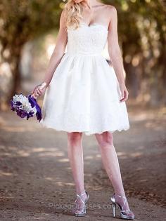 Ball Gown Knee-length with Detachable Straps Ivory Satin Lace Sweetheart Wedding Dresses