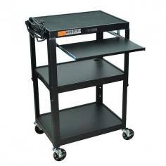 The Luxor AVJ42 Series are excellent multipurpose AV / Utility Carts. 24"W X 18"D X 24"-42"H Adjustable height from 24" to 42" in 2" increments. Shelves are 24"W x 18"D. Roll formed shelves with powder coat paint finish. Tables are robotically welded. Cables pass through holes. 1/4" retaining lip around each shelf. 3-outlet, 15' UL and CSA listed electrical assembly with cord plug snap. 4" ball bearing casters, two with locking brakes. Includes safety mat. This AVJ42KB is a black adjustable height cart with Keyboard. Keyboard Tray Measures: 18 3/4" x 11 3/4". Built to last with a lifetime warranty. Made in USA.