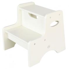 This cleverly designed White Lacquer Finished Two Step Foot Stool provides expanded reach for your child in two easy 6" increments. Measuring 14" wide and 12" tall, this kid-friendly step/stool has rounded edges and built-in oval grab handles for easy mobility. Best for ages 3 years and above. Built wide with low center of gravity to prevent tipping. Built-in handles. Easy-to-clean. Made from MDF, rubberwood and veneer. Lacquer finish. Made in Thailand. 15.38 in. W x 13 in. D x 14.13 in. H (10.2 lbs.). Assembly Instructions and Warranty. Safety Message from Kid Kraft President Our Two Step Stool helps toddlers reach counter tops and other out-of-reach places. This stool is perfect for kids who always want to do things on their own and for parents who want to help their children feel all grown up.