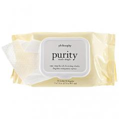 Philosophy Purity Made Simple disposable one-step facial cleansing cloths gently swipe away dirt, makeup, and oil. Skin will be left feeling clean, soft and refreshed. Philosophy Purity Made Simple One-step Facial Cleansing Cloths Size: 30 cloths Quantity: One (1) pack Targeted area: Face For all skin types Disposable Active ingredients: Water, butylene glycol, sodium citrate, gluconolactone, limnanthes alba (meadowfoam) seed oil, santalum album (sandalwood) oil, salvia sclarea (clary) oil, rosa centifolia flower oil, piper nigrum (pepper) fruit oil, aniba rosaeodora (rosewood) wood oil, amyris balsamifera bark oil, bulnesia sarmientoi wood oil, daucus carota sativa (carrot) seed oil, cymbopogon martini oil, mimosa tenuiflora bark extract, ormenis multicaulis oil, pelargonium graveolens flower oil, tocopherol, glycerin, calcium gluconate, cetyl palmitate, cetearyl isononanoate, ethylhexylglycerin, glyceryl stearate, cetearyl alcohol, ceteareth-12, ceteareth-20, sodium hydroxide, sodium benzoate, phenoxyethanol, benzoic acid, geraniol, linalool We cannot accept returns on this product. Due to manufacturer packaging changes, product packaging may vary from image shown.