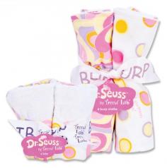 Complements the Pink Oh! The Places You'll Go! set. Made of cotton and plush terrycloth. Includes 4 bibs and 4 burp cloths with varied patterns. Machine-wash cold and tumble or line dry. Bibs: 9L x 13W inches; Cloths: 13L x 10W inches. The Trend Lab Dr. Seuss Pink Oh! The Places You'll Go! Bouquet - Bib and Burp Cloth is a baby shower gift that will get used daily. This set includes four bibs and four burp cloths made of 100% cotton and terrycloth in a variety of pretty pastel patterns. Two of each set has a bubblegum pink hot pink lilac apricot and soft yellow polka dot pattern one of each set has the same colors in a sassy swirl design and the last one in each features a beautiful pink on pink stripe. The bibs have handy hook and loop closures and measure 9L x 13W inches. The burp cloths are 13L x 10W inches. All are designed to match the Dr. Seuss Pink Oh! The Places You'll Go! collection and are sold under license by Dr. Seuss Enterprises L.P. Give the mom of that baby girl a gift that keeps on giving. About Trend LabBegun in 2001 in Minnesota Trend Lab is a privately held company proudly owned by women. Rapid growth in the past five years has put Trend Lab products on the shelves of major retailers and the company continues to develop thoroughly tested high-quality baby and children's bedding decor and other items. With mature professionals at the helm of this business Trend Lab continues to inspire and provide its customers with stylish products for little ones. From bedding to cribs and everything in between Trend Lab is the right choice for your children.