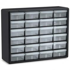 Strong plastic cabinet organizes and protects your small supplies and other components. Cabinets stack securely and can also be wall-mounted with keyhole slots. This stackable cabinet includes 24 combo dividable drawers to multiply storage options. Clear polypropylene drawers offer easy content identification. Finger-grip drawer pulls provide easy access, and rear stop tabs prevent contents from spilling. Frame is made of one-piece, high-impact polystyrene.