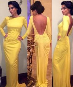 Trumpet/Mermaid Long Sleeve Scoop Neck Silk-like Satin Open Back Yellow Prom Dress