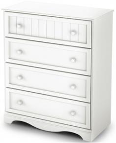 Savannah 4 Drawer Chest - Pure White by South Shore 3580034. The Savannah collection offers you this fashionably functional chest with its Pure White finish. It is well adapted to today's requirements with of its ample storage space. It features 4 practical drawers with Pure White wooden knobs and upper drawer front with exterior trim. The glides are made of polymer and include dampers and catches, creating a secure environment for little ones Also available in Espresso finish and matches most of the Pure White cribs on the market. Drawer interior dimensions: 31-1/4-inch wide by 14-1/4-inch front to back. Measures 35-1/2-inch wide by 16-3/4-inch deep by 41-1/2-inch high. It is delivered in one box measuring 46-1/4-inch by 21-inch by 8-1/4-inch and weighs 78 pounds. It is made of recycled CARB compliant laminated particle panels. It has to be assembled by two adults. Tools are not included. 5 year limited warranty. Made in Canada Specification This item includes: SS-3580034 Savannah Collection 4 Drawer Chest - Pure White - South Shore 35.5L x 17.5D x 41.5H Please refer to the Specifications to determine what items are included since sometimes the image shows more or less items. If you are not sure, please contact us and our customer service will be glad to help.