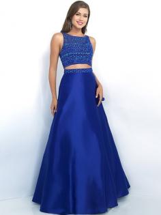 Two Pieces Scoop Neck Beading Royal Blue Elastic Woven Satin Tulle Prom Dresses