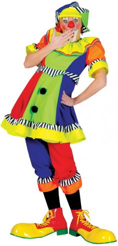 Spanky Stripes Clown costumes are fun for the entire family. Here is the Women's version but it also comes in men's, girls and boys. A family that clowns around together will always have something to smile about. The women's Spanky Stripes Clown Costume features a dress, knickers and hat in cheerful bright colors. Blocks of blue, red, green, orange and yellow are accented with a black and white striped ruffle at the sleeve, waist, hem and pant cuffs. The floppy hat incorporates all the elements together to make a truly whimsical costume. Purchasing some clown make-up and shoes will complete your transformation from regular lady to Spanky Stripes the clown.