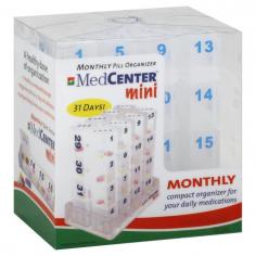 MedCenter's 31-Day Mini-Pill Organizer is designed for people taking a few medications per day. It improves your medication adherence, which improves health. This petite pill minder organizes your pills for an entire month. Each of the included 8 pill boxes contains 4 numerically marked compartments for each day of the month. This gives you a total of 31 daily compartments in a compact monthly organizer. Mini pill organizer for an entire month 8 Pill boxes - each with 4 numerically marked compartments for each day of the month 31 Daily compartments Clear 5-3/4"W x 6"H x 3-3/4"D Weight: 12 oz Care instructions: Wipe with damp cloth. Made in China.