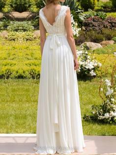 Chiffon and Lace Floor-length Sashes/Ribbons Affordable White V-neck Wedding Dresses #PWD00020925