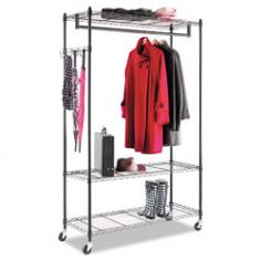 Time-saving design assembles in minutes without tools. Strong welded wire construction that allows air circulation and helps reduce dust buildup. Double-sided for quick access to items. Rack features four ft. Hanging rod for garments, four support hooks for umbrellas, bags, and other items to accommodate your needs. Three shelves adjust in 1" increments and support 350 lbs. On each shelf. Four casters for quick mobility and two lock when it has reached your destination. Total unit capacity is 500 lbs. If used with casters. Hangers not included. Mounting: Stand Alone; Width: 48"; Depth: 18"; Height: 75". Color: Black.