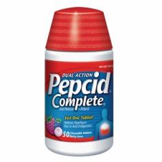 Dual Action Acid Reducer + Antiacid Reduces & Neutralizes Acid Works With Just One Tablet Contains Calcium Helps Relieve Heartburn Due To Acid Indigestion 25 ~ Berry Blend Flavored Chewable Tablets. The Benefits Of A Chewable Antacid + Acid Control Of Pepcid Ac = A Single Tablet That Both Reduces And Neutralizes Acid. A Non-Prescription Stomach Medicine - Pepcid Complete Combines An Acid Reducer (Famotidine) With Antacids (Calcium Carbonate And Magnesium Hydroxide) To Relieve Heartburn In Two Different Ways: Acid Reducers Decrease The Production Of New Stomach Acid. Antacids Neutralize Acid That Is Already In The Stomach. The Active Ingredients In Pepcid Complete Have Been Used For Years To Treat Acid-Related Problems In Millions Of People Safely And Effectively. Just 1 Tablet Relieves Heartburn Due To Acid Indigestion. Excess Acid: A Burning Problem - It Is Normal For The Stomach To Produce Acid, Especially After Consuming Food And Beverages. However, Acid In The Stomach May Move Up Into The Wrong Place (The Esophagus), Causing Burning Pain And Discomfort That Interfere With Everyday Activities. Heartburn - Caused By Acid In The Esophagus. Burning Pain/Discomfort In Esophagus. A Valve-Like Muscle Called The Lower Esophageal Sphincter (Les) Is Relaxed In An Open Position. Acid Moves Up From Stomach. Tips For Managing Heartburn. Do Not Lie Flat Or Bend Over Soon After Eating. Do Not Eat Late At Night, Or Just Before Bedtime. Certain Foods Or Drinks Are More Likely To Cause Heartburn, Such As Rich, Spicy, Fatty, And Fired Foods, Chocolate, Caffeine, Alcohol, And Even Some Fruits And Vegetables. Eat Slowly And Do Not Eat Big Meals. If You Are Overweight, Lose Weight. If You Smoke, Quit Smoking. Raise The Head Of Your Bed. Wear Loose Fitting Clothing Around Your Stomach. Proven Effective In Clinical Studies: In Clinical Studies, Pepcid Complete Was Significantly Better Than Placebo Pills In Relieving Heartburn. Onset Of Relief - Percent Of Heartburn Episodes Relieved Within 30 Minutes. 45% Pepcid Complete. 33% Placebo. 38 % Famotidine. 41% Antacid. Duration Of Relief - Percent Of Heartburn Episodes Relieved For At Least 7 Hours. 70% Pepcid Complete. 59% Placebo. 68% Famotidine. 61% Antacid.