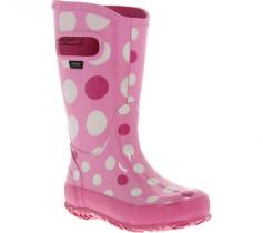 You'll catch her performing rain dances just so she can head outside in the Bogs Rainboot. Decorated in a whimsical polka dot pattern, this waterproof, pull-on girls' boot features a natural rubber upper designed to keep her feet dry in sprinkles and torrential downpours alike. Side handles make it easy for little hands to pull these boots on; AEgis antimicrobial treatment controls odor. The Bogs Rainboot has a non-slip rubber outsole to keep her on her toes as she romps over slick, wet surfaces and splashes through puddles.