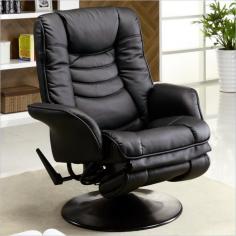 Seat yourself in this comfortable swivel recliner chair. Sleek padded flair tapered arms provided comfort and support while you relax in the plush seat cushioning. This cozy recliner features extra padding and a tiered seat back with accent stitching for even greater comfort. A round base with a swivel function allows you to turn in any direction and take in the whole room. This plush swivel recliner chair is upholstered in a black leatherette that adds instant style to any space. Width (side to side): 35.5" W. Height (bottom to top): 42" H. Depth/Length (front to back): 32.5" D. Seat Depth: 20". Fabric: Content Black Leatherette. Fabric Options: Available Only in Upholstery Options Shown. Fabric Pattern: Solid. Style: Casual. Arm Type: Flair Tapered Arm. Arm: Padded Flair Tapered Arm Provides Plush Comfort. Back Type: Attached Back. Seat Back: Padded Upholstered Seat Back with Accent Stitching for Supportive Comfort. Seat: Leatherette Seat Cushion with Rounded Front. Leg or Skirt: Round Base. Reclining Release: Exterior Handle. Footrest Operation: External Handle Releases Reclining Mechanism.