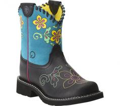 You'll both love the cheerful look, comfort and versatility of the Ariat Flower Fiesta boot. Equipped with the classic Fatbaby toe, this riding-approved girls' cowboy boot has a leather and suede upper accented with floral accents on the shaft and foot and whipstitching at the collar. Inside, a brushed synthetic lining offers a soft touch, while 4LR cushioning adds underfoot ease; the Ariat Booster Bed system provides two removable insoles so you can customize the fit to allow wiggle room for growing feet. The Ariat Flower Fiesta Western boot is finished with an Everlon EVA and blown-rubber outsole that absorbs shock as it lends steady traction to all her adventures.