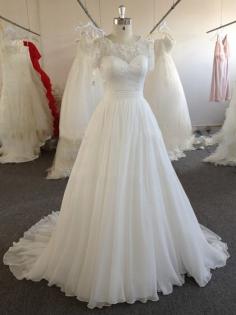 A-line Ivory Chiffon Lace Beading Short Sleeve Scoop Neck Wedding Dresses