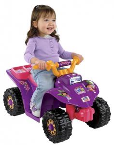 It's an all-terrain exploration when you have the Fisher-Price Dora 10th Anniversary Lil Quad Battery Operated ATV Riding Toy. Dora is going off the beaten path. Kids don't just like Dora, they LOVE Dora. When they love Dora, they want everything Dora. This is an addition to the collection that can't be missed. Dora's explorations take her all over. Now, no terrain is too rough for your little adventurer! It's a toddler-friendly version of the popular ATV design. It has easy, push button start and stop. Simply push the button and it's off on the adventure. Let go and it stops. No throttle or pedal system to learn makes it easy for toddlers to jump on and ride. Everything is done in classic Dora style. It's bright purple with big tires and plenty of Dora-themed graphics. The six-volt battery keeps everything in motion. With a 2 mph top speed, it keeps things fun and safe simultaneously. Built in footrests give little feet plenty of room and keep them from dragging and catching on the ground. The little explorer shouldn't be without proper equipment. Dora wouldn't start an expedition without it. Recommended for ages 12 months-3 years. About Fisher-Price As the most trusted name in quality toys, Fisher-Price has been helping to make childhood special for generations of kids. While they're still loved for their classics, their employees' talent, energy and ideas have helped them keep pace with the interests and needs of today's families. Now they add innovative learning toys, toys based on popular preschool characters, award-winning baby gear, and numerous licensed children's products to the list of Fisher-Price favorites. Fun Dora graphics Sporty, ATV style Recommended for ages 12 months-3 years Included 6V battery and charger Drives at 2 mph Dimensions: 29L x 22.5W x 20H in.