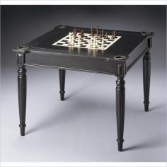Table dimensions: 36W x 36D x 30H inches. Wood solids and veneers with black finish. Chess/checkers board inset; Square size: 2 inches. Backgammon table hides beneath inset. Felt-lined blackjack table on opposite side of inset. Game pieces not included. 4 cup holders built in. Like the candy that is its namesake, the Butler Masterpiece Collection Wood Multi-Game Card Table with Black Licorice Finish is a true classic. This finely crafted table, made of only select solids and wood veneers, is an easy way to play three great games at home. An inset well bears the backgammon table, with a full-size board and piece storage wells. It's covered with a reversible inset with checkers/chess on one side and smooth felt on the reverse for nights when blackjack or other card games are in order. An exquisite set of wood pieces for both chess and backgammon/checkers is included. The table has a black licorice finish and is fitted with 4 cup holders located at the corners so you never have to worry about spills. Measures 36W x 36D x 30H inches. About Butler SpecialtyButler Specialty Company has been designing and manufacturing high-quality occasional and accent furniture since 1930. Each piece reflects Butler's dedication to enduring design, exquisite craftsmanship, and top-quality materials. This family-owned company is based in Chicago. They scour the globe in search of the finest materials and most efficient means of production, reflecting their commitment to providing excellent quality at exceptional value.