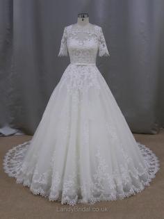 Ball Gown Scoop Neck Tulle Appliques Lace 1/2 Sleeve Ivory Wedding Dresses