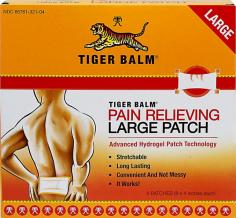 Tiger Balm - Pain Relieving Patch Large Size - 4 Patch(es) Tiger Balm Pain Relieving Patch For Arthritis & Back Pains, Muscle Aches & Strains. Tiger Balm Patch is a flexible pain relieving patch. Once applied, its ingredients penetrate the skin and are absorbed, thus stimulating blood circulation around the area of pain its warm penetrating action provides fast, long lasting pain relief and comfort for hours. It is not messy or greasy and will not stain your clothing. Its thin design can be comfortably worn unnoticed underneath clothing. Also try Tiger Balm Arthritis Rub, Tiger Balm Ultra Strength Ointment and Tiger Balm Muscle Rub for fast pain relief. Tiger Balm - Pain Relieving Patch: Ong Lasting Fast Acting Convenient and not messy Works where it hurts Advance Hydrogel Patch Technology About Tiger Balm The Tiger Balm PhilosophyTiger Balm aims to deliver health and well being through proven oriental wisdom. Their belief is that that no one should be constrained from leading a full and active life because of aches, pains and everyday discomforts. With over 100 years of proven success in over 100 countries, Tiger Balm's world renowned ointment, is being customized into a range of formulations that suit your specific needs, be it headaches and cold, rheumatic or arthritic pains, or muscle strains and pains. Tried, tested and trusted by generations, rest assured that whatever your age or lifestyle, Tiger Balm has a remedy made with you in mind. Heritage that they are proud ofTiger Balm has risen from the ancient courts of Chinese emperors to worldwide prominence. It all began when Aw Chu Kin, a Chinese herbalist working in the Emperor's court, left China and set up a small medicine shop called Eng Aun Tong in Rangoon in the late 1870s, where he would make and sell his special ointment that was effective in relieving all kinds of aches and pains.