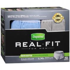 Briefs - for Men - Maximum Absorbency - L/XL. 38-50" waist. Cloth-like fabric for underwear like comfort. Looks, fits, and feels like real underwear. Finished masculine elastic waistband. Cotton-like fabric. Maximum absorbency. All-around leg elastics. Worry free odor protection. Made in the USA from domestic and imported material.