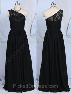 Floor-length Black Lace Chiffon Online One Shoulder A-line Bridesmaid Dresses