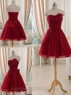 Tulle Flower(s) Short/Mini Strapless Fashion Burgundy Bridesmaid Dresses #PWD01012514