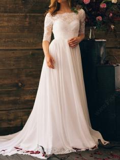 Different White Chiffon Lace Off-the-shoulder Open Back 1/2 Sleeve Wedding Dresses