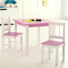 Table dimensions: 22W x 20.5D x 18.75H in. Includes 2 chairs Constructed of medium density-fiberboard (MDF)Non-toxic pink and white finish Recommended for children ages 3-7 years Easy assembly required. Perfect for pint-size princesses, the Lipper Kids Small Pink and White Table and Chair Set is as fetching as it is functional. Little legs don't need to stretch to reach this scratch-resistant tabletop when it's time for tea and the comfy chair will be her favorite spot to sit with her favorite book or doll. The bright white legs, capped with a slatted pastel pink chair seat and tabletop, give a feminine touch to your nursery or playroom. The best part is that the set is easily cleaned with child-safe mild soap and water. Table dimensions: 22L x 20.5W x 18.75H inches. Chair dimensions: 10.5L x 10.75W x 23H inches. About Lipper InternationalLipper International provides exceptionally valued kitchen, home & office organizers including the Soho Spice Collection; single serve coffee pod organizers; kitchen pantryware, cutting boards and tools; serving & entertaining accessories; and children's furniture and toy chests. Lipper uses the finest quality materials including stainless steel, bamboo, acacia wood, chrome- and powder-coated metals and other fine quality hard woods. Known for product functionality as well as beauty and quality craftsmanship, Lipper International combines quality, style, service, and price into every product and collection it offers. Little girls will love this cute child-size dining set from Lipper Kids. The table and two chairs are constructed from tough hardwood and the tabletop's color coating is scratch-resistant so it will stay fresh and pretty. Classic schoolhouse chair styling lends the set a simple yet sophisticated air. Table and chair legs are set utility-style at the corners ensuring maximum stability for safety. The pastel pink and white colors blend well with similar feminine decor. Whether your child plans teddy bear tea parties or spends hours coloring with a friend this set is sure to please.