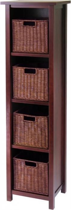 Keep your decor looking elegant with this Winsome Milan shelf. In antique walnut finish. Product Features: Four rattan baskets provide ample storage space. What's Included: Shelf: 56H x 16.4W x 13D Four storage baskets Product Details: Wood/rattan Assembly required Manufacturer's 60-day limited warranty Model no. 94411 Promotional offers available online at Kohls.com may vary from those offered in Kohl's stores. Color: Brown. Gender: Unisex. Age Group: Adult. Material: Wood/Walnut.